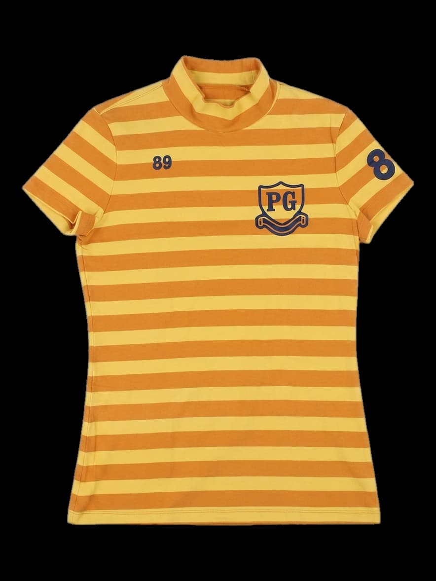 옐로우 스트라이프 반팔 반목 티셔츠
