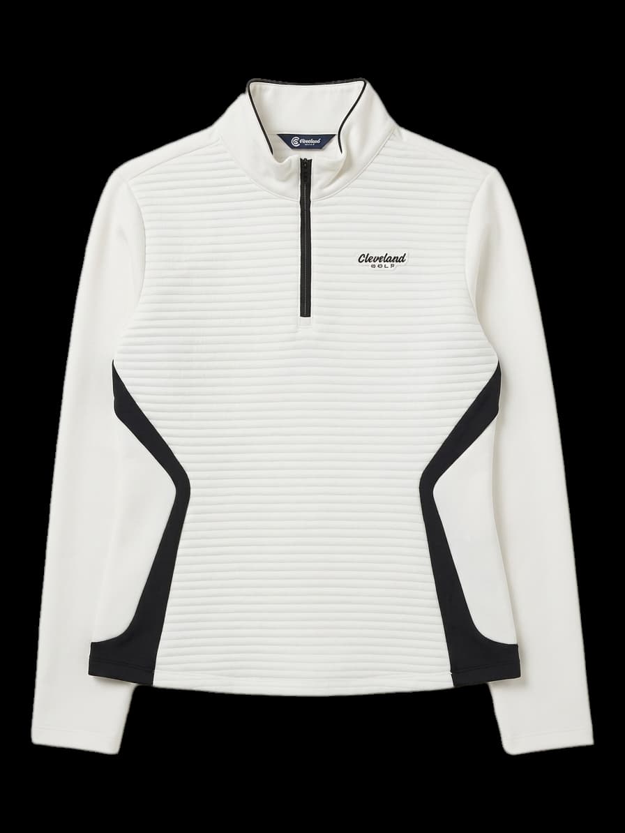 화이트 배색 골지 하이넥 반집업 티셔츠