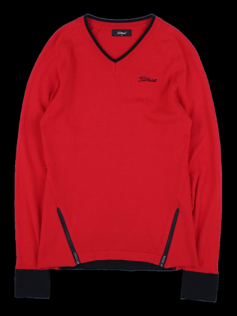 레드 브이넥 긴팔 니트 풀오버