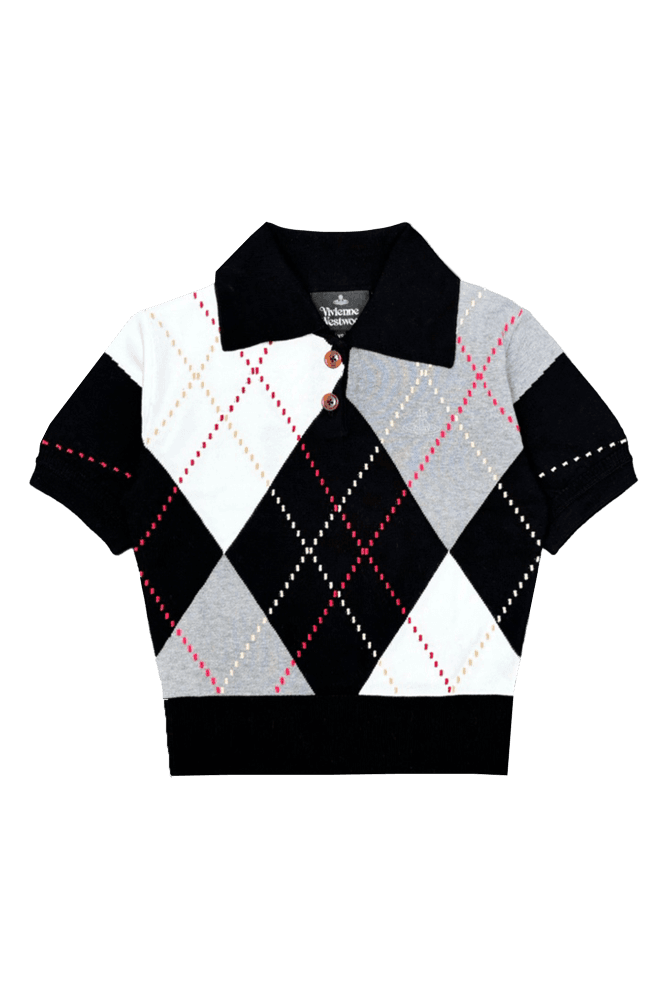 아가일 단추 카라 반팔 니트