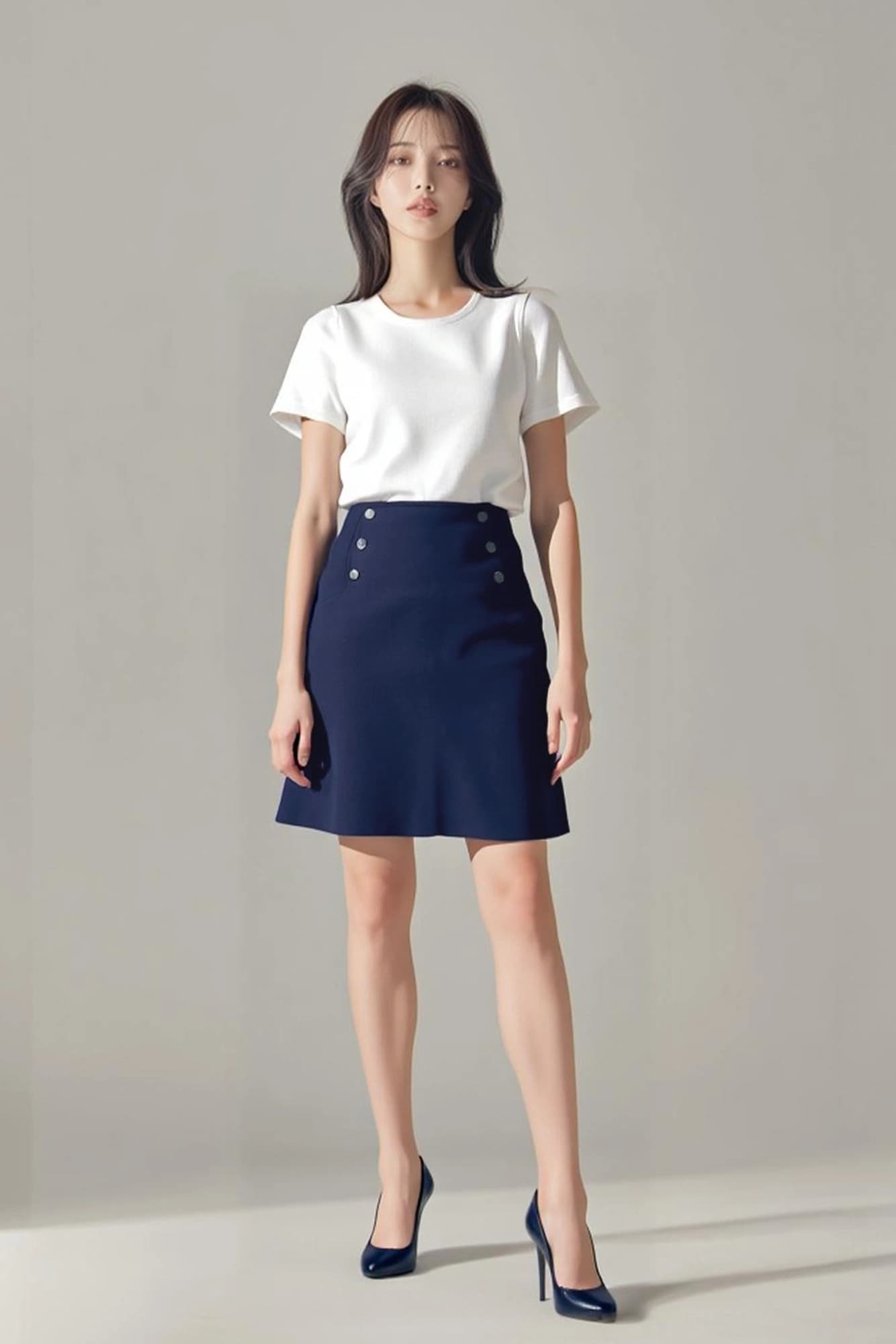 버튼 하이웨스트 스커트