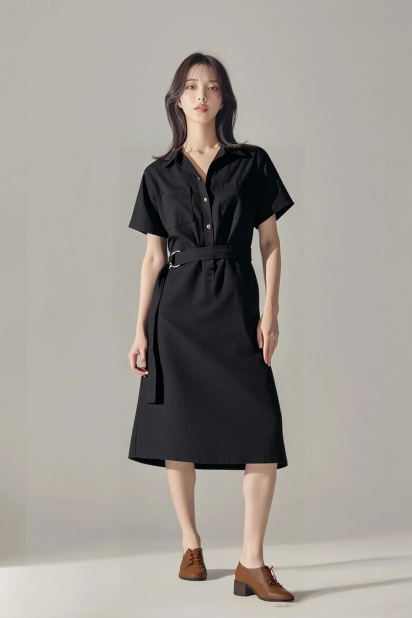 벨트 반팔 셔츠 원피스