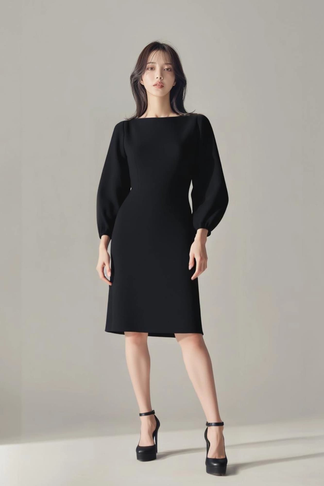 트임 배색 라인 긴팔 원피스