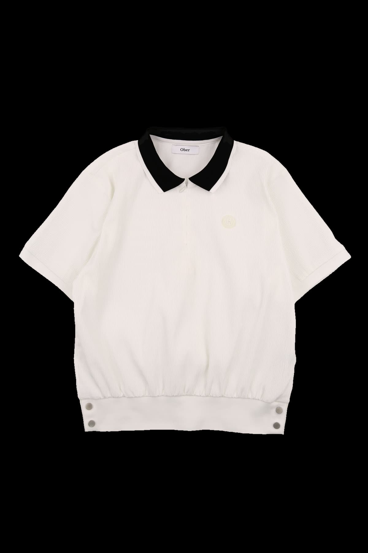 카라 배색 하프 집업 반팔 티셔츠