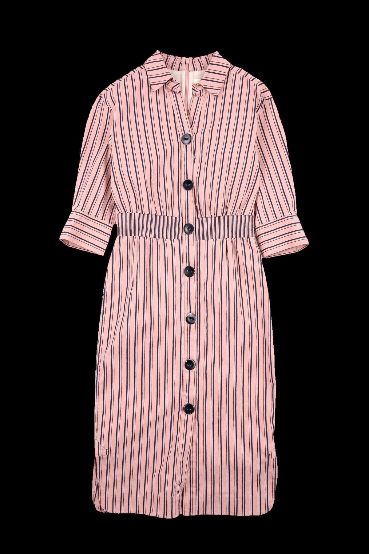 스트라이프 버튼 카라 원피스