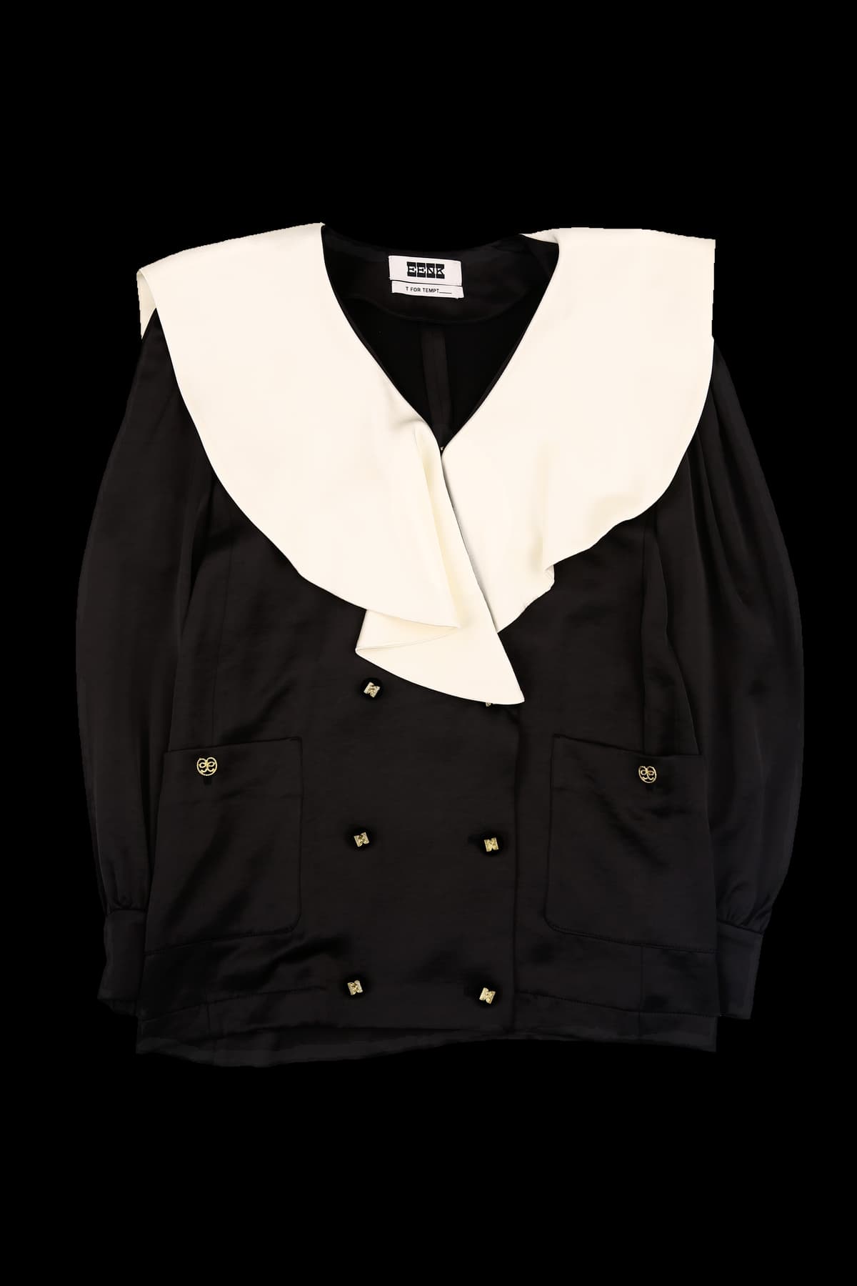 와이드 카라 배색 더블 버튼 블라우스