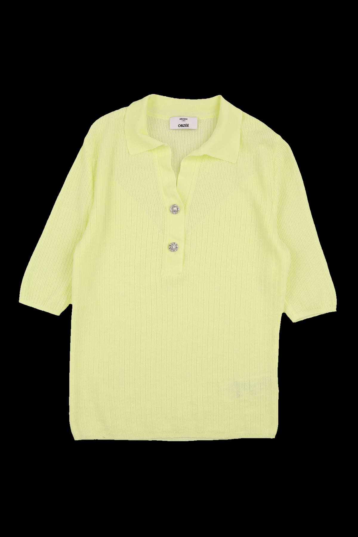 큐빅 버튼 카라 반팔 니트