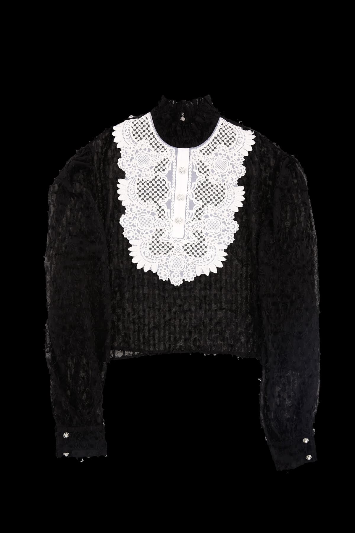 레이스 자수 배색 블라우스