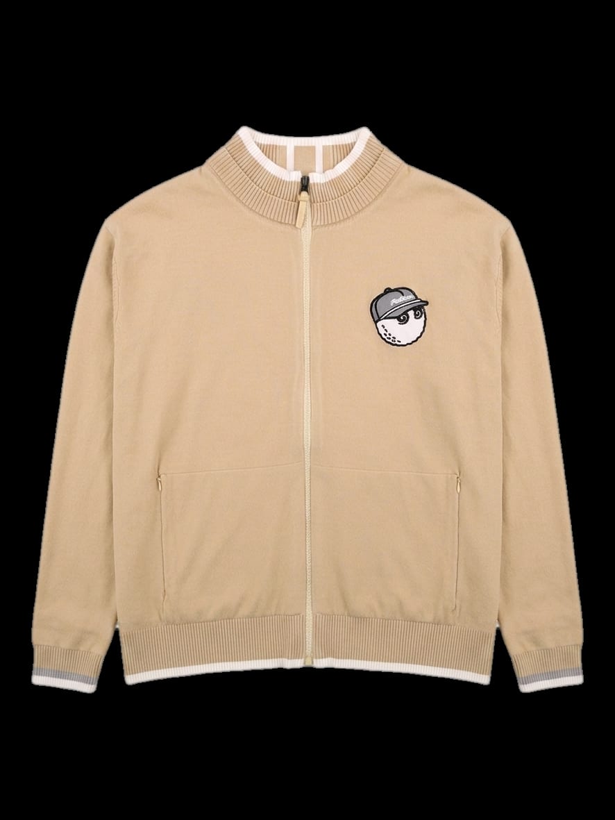 베이지 로고 니트 집업 카디건