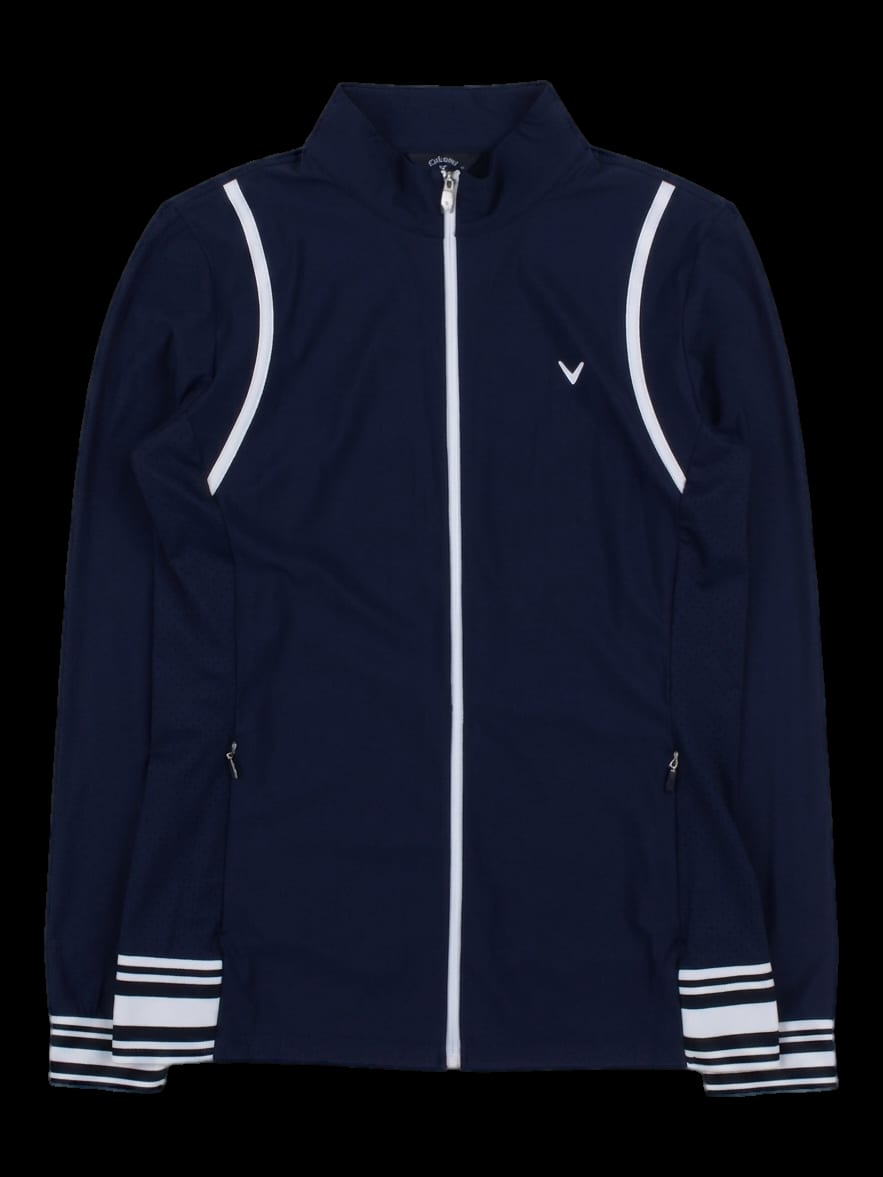 네이비 스트라이프 배색 하이넥 풀집업 저지 자켓