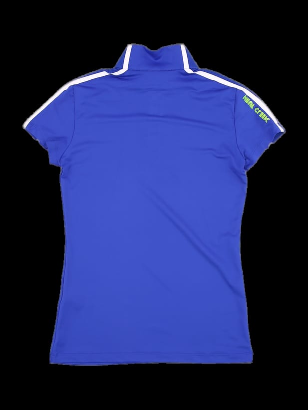 블루 배색 반팔 하프집업 카라 티셔츠