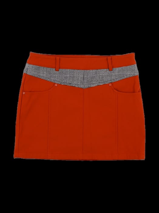 오렌지 체크 배색 미니 스커트