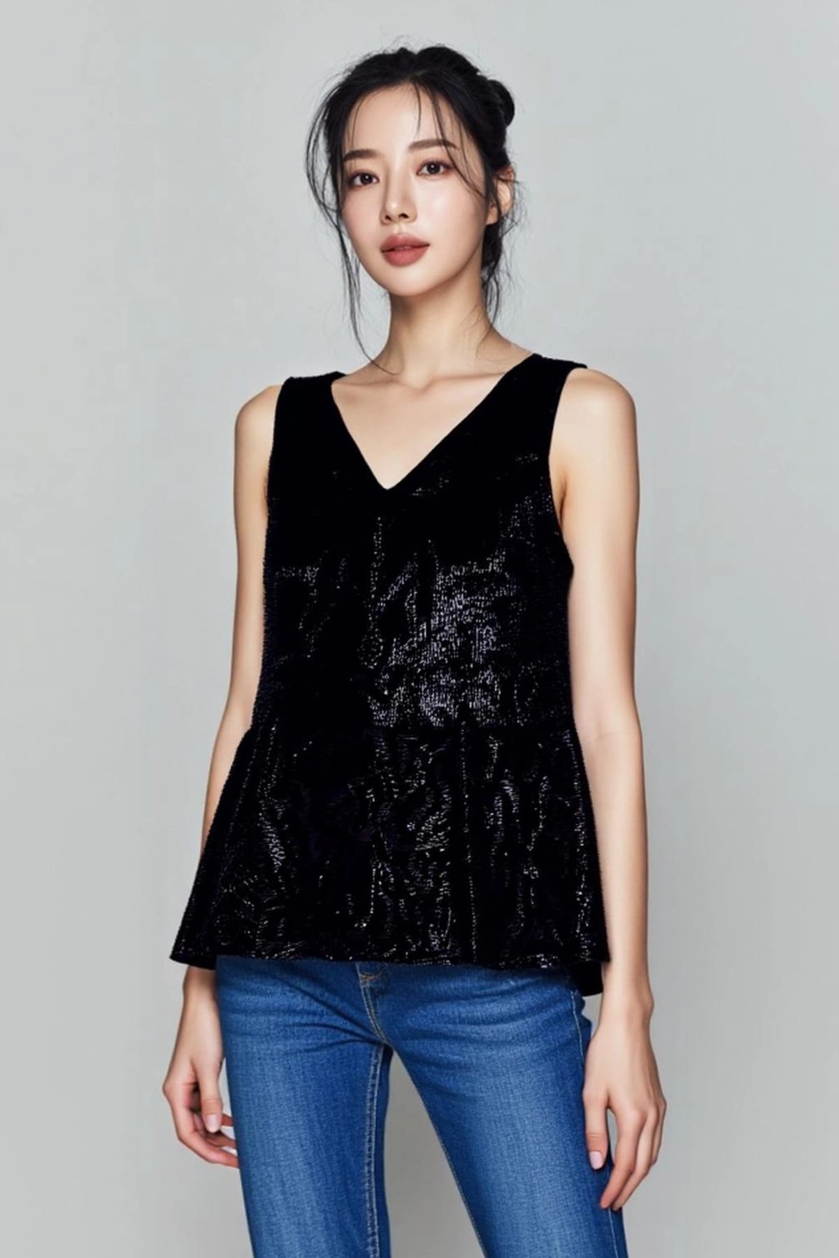 브이넥 비즈 민소매