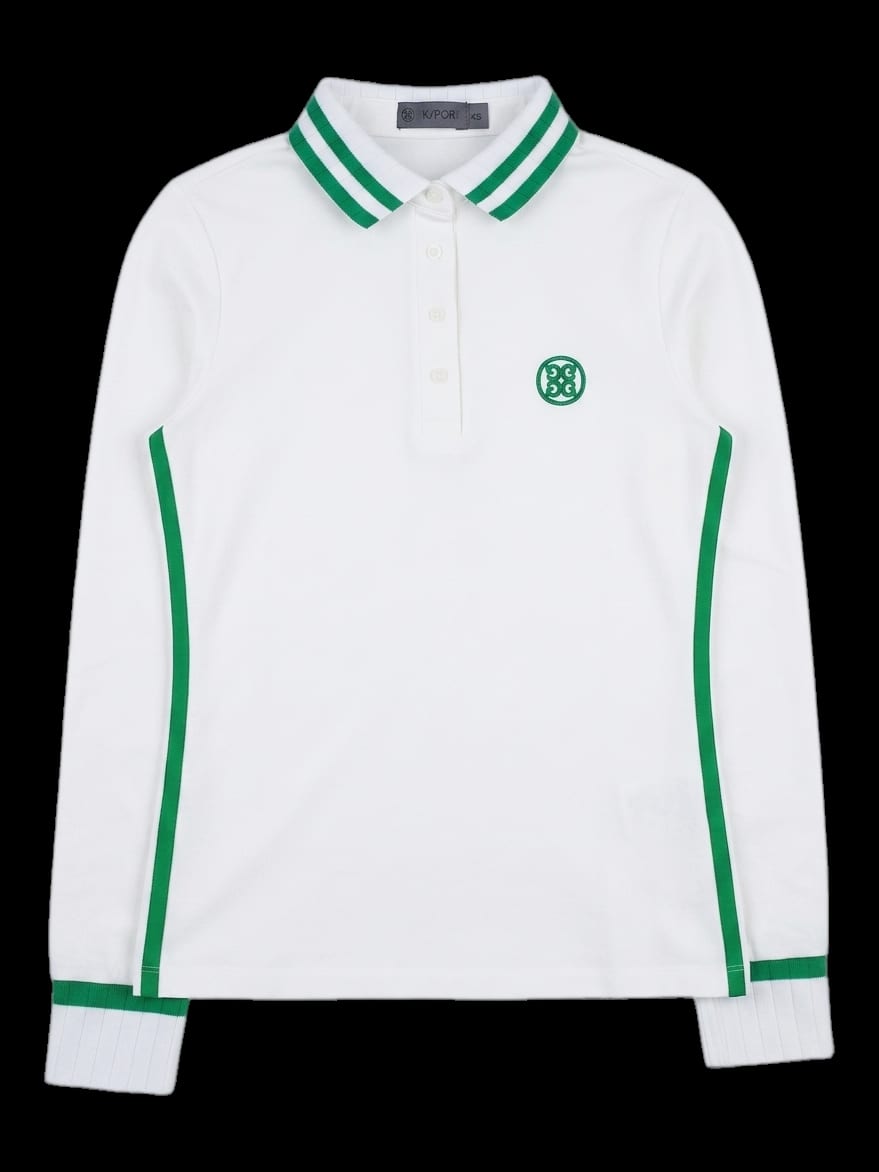 화이트 그린 배색 라인 긴팔 카라 티셔츠