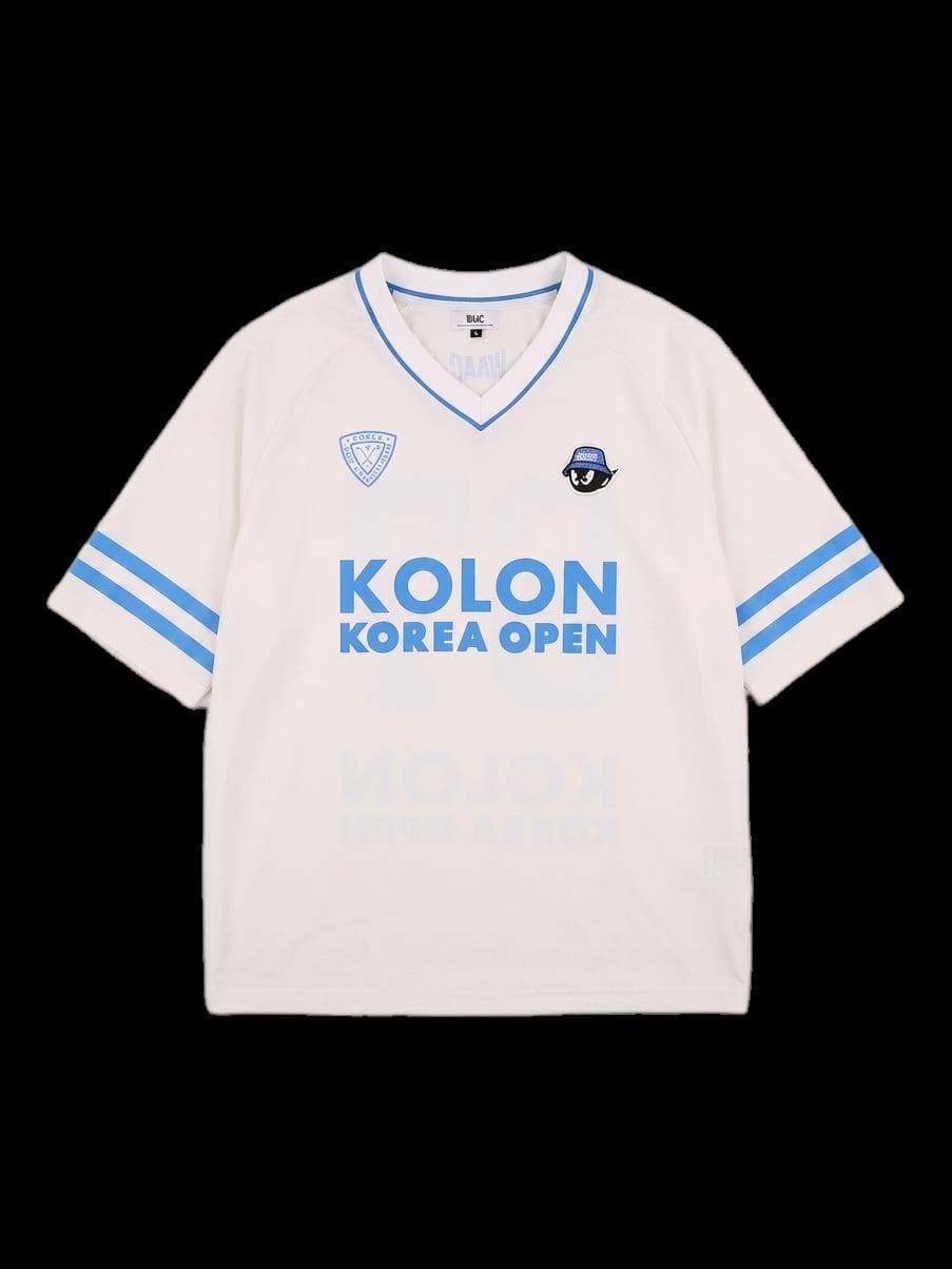화이트 브이넥 배색 라인 반팔 티셔츠