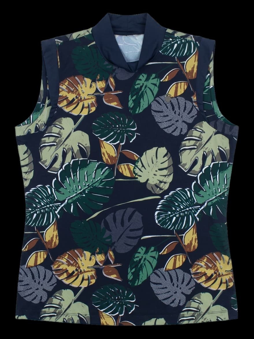 블랙 보타니컬 프린트 민소매 카라티