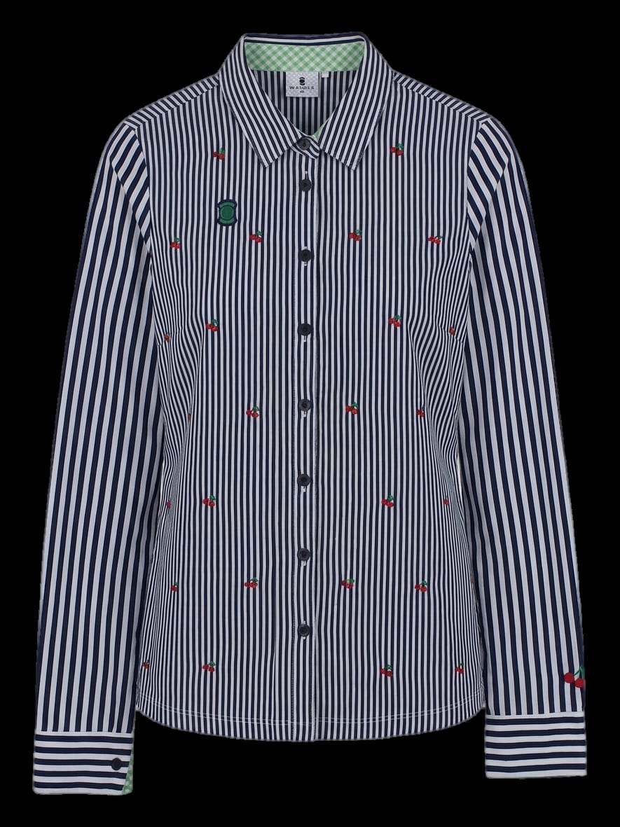 네이비 스트라이프 체리 자수 긴팔 셔츠