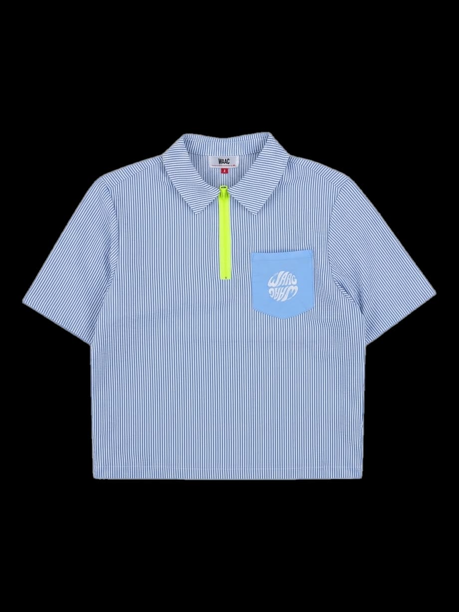 WAAC 블루 스트라이프 크롭 하프 집업 반팔티