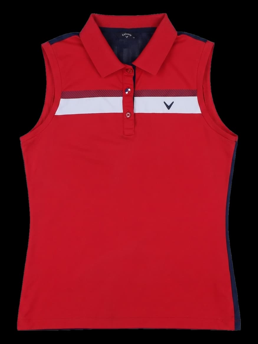 레드 네이비 배색 가슴 배색 슬리브리스 카라티