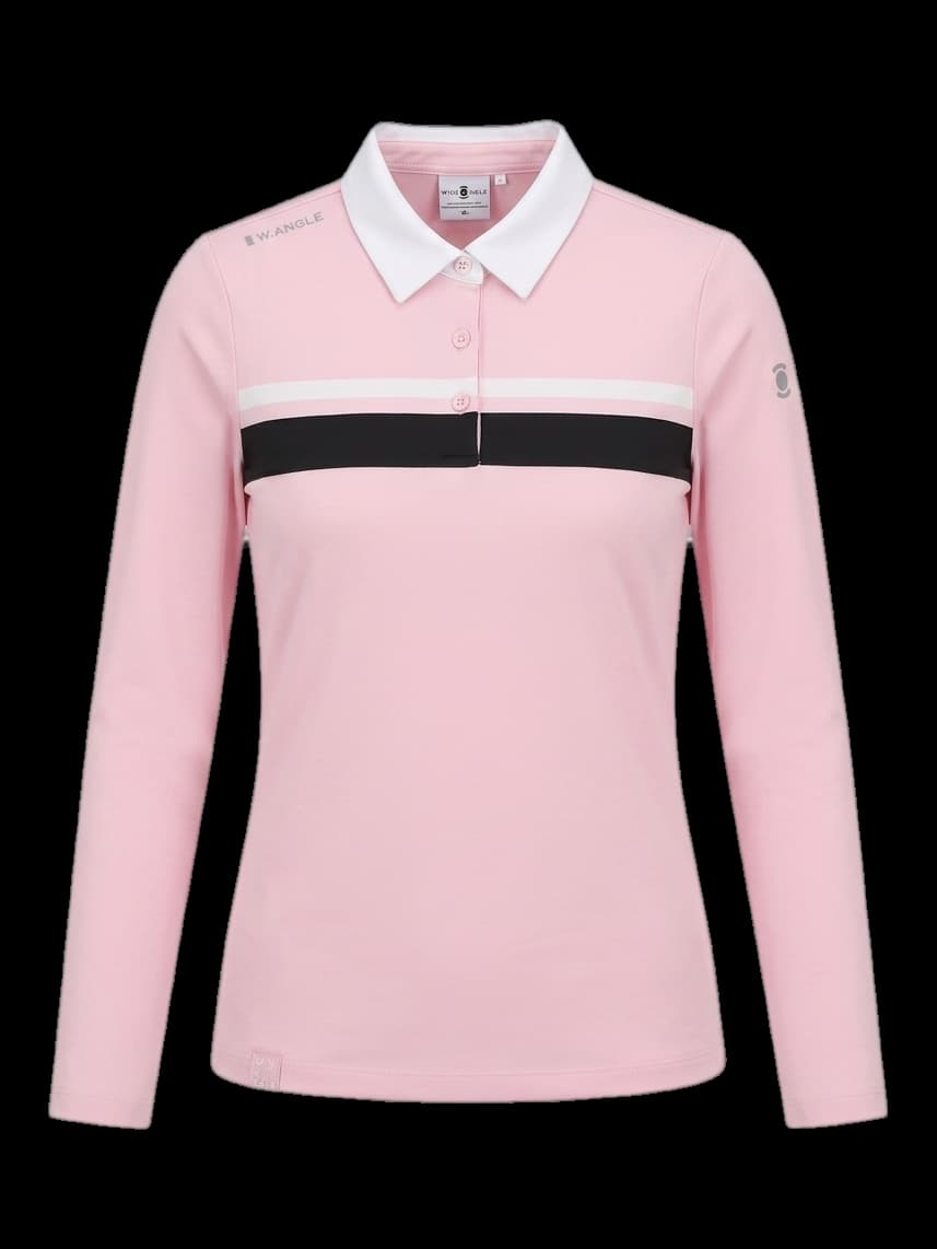 여성 핑크 긴팔 카라 티셔츠 (블랙/화이트 배색)