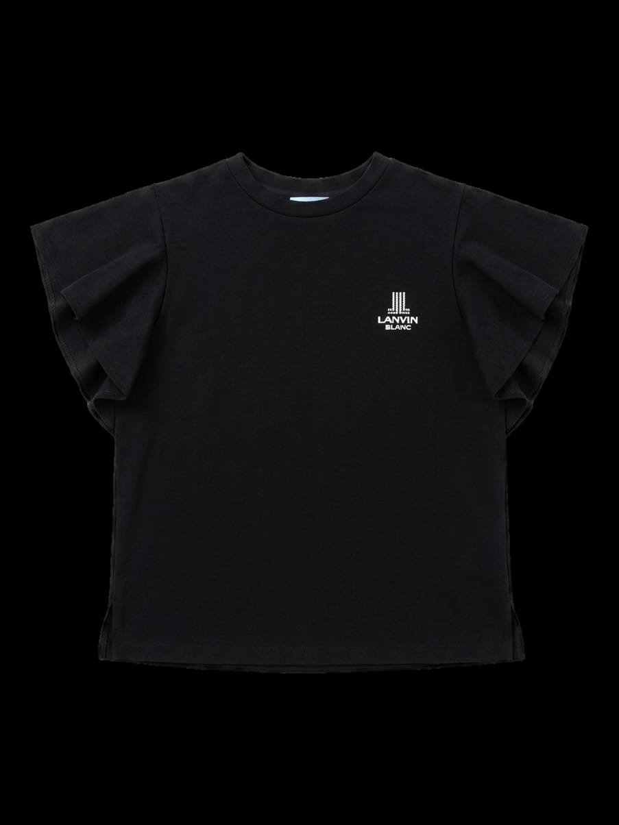 블랙 로고 프린트 프릴 반팔 티셔츠