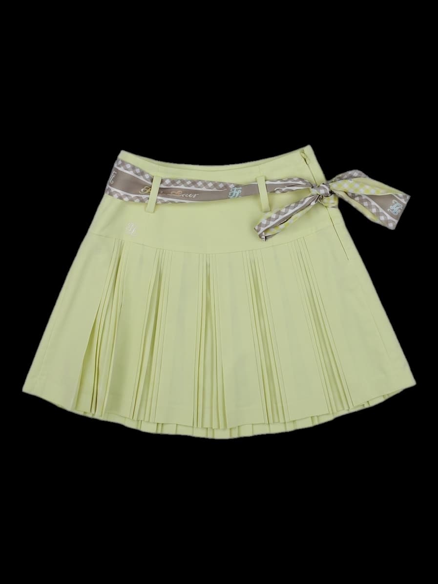 옐로우 체크 벨트 플리츠 스커트