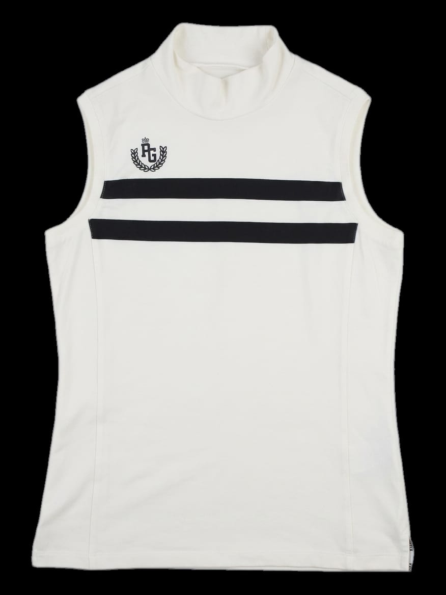화이트 가슴 스트라이프 배색 민소매 모크넥 티셔츠