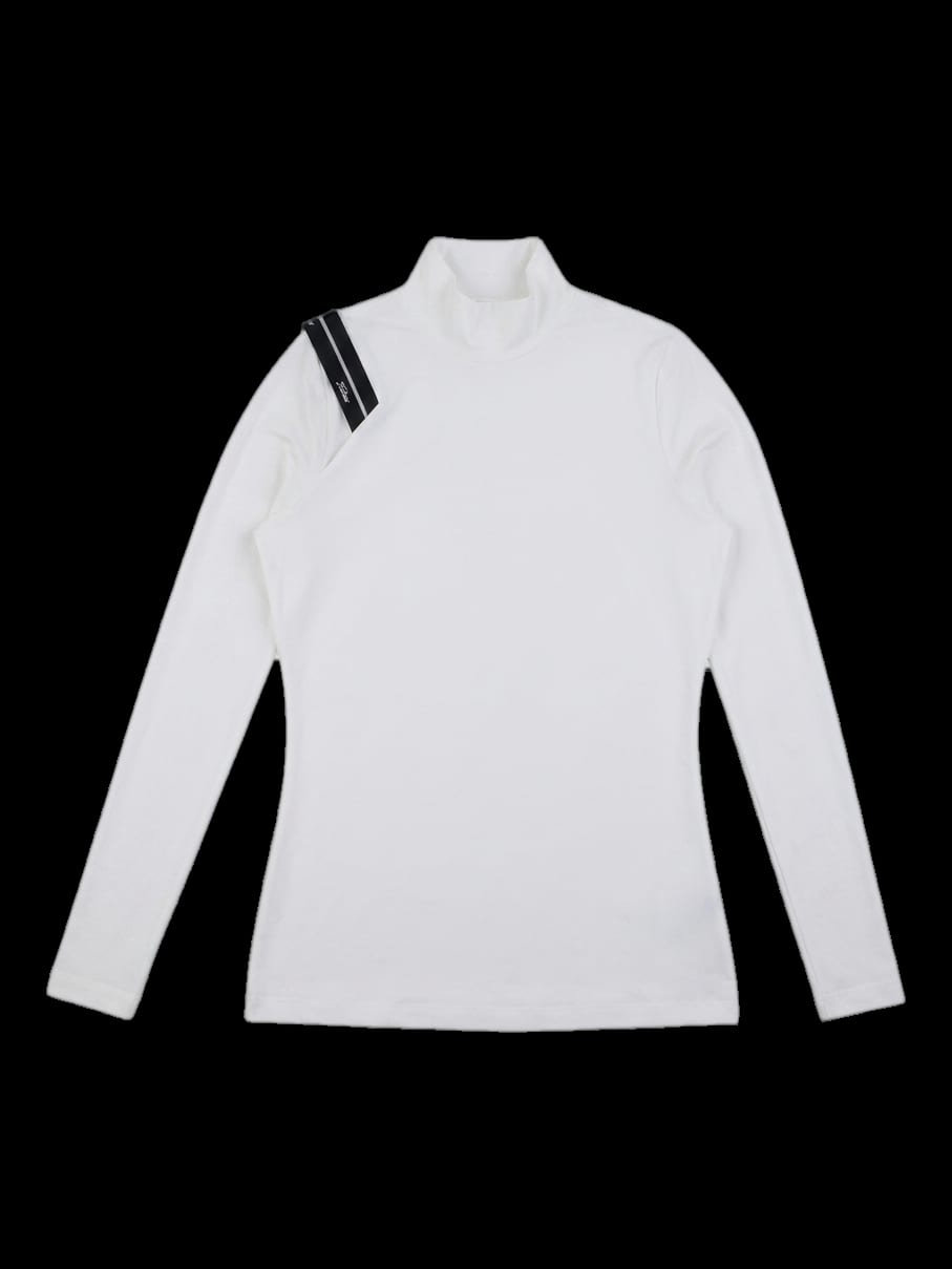 화이트 숄더 컷아웃 배색 모크넥 긴팔 티셔츠