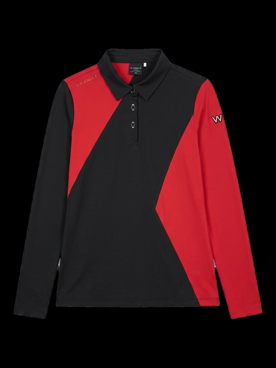 블랙/레드 배색 긴팔 카라티