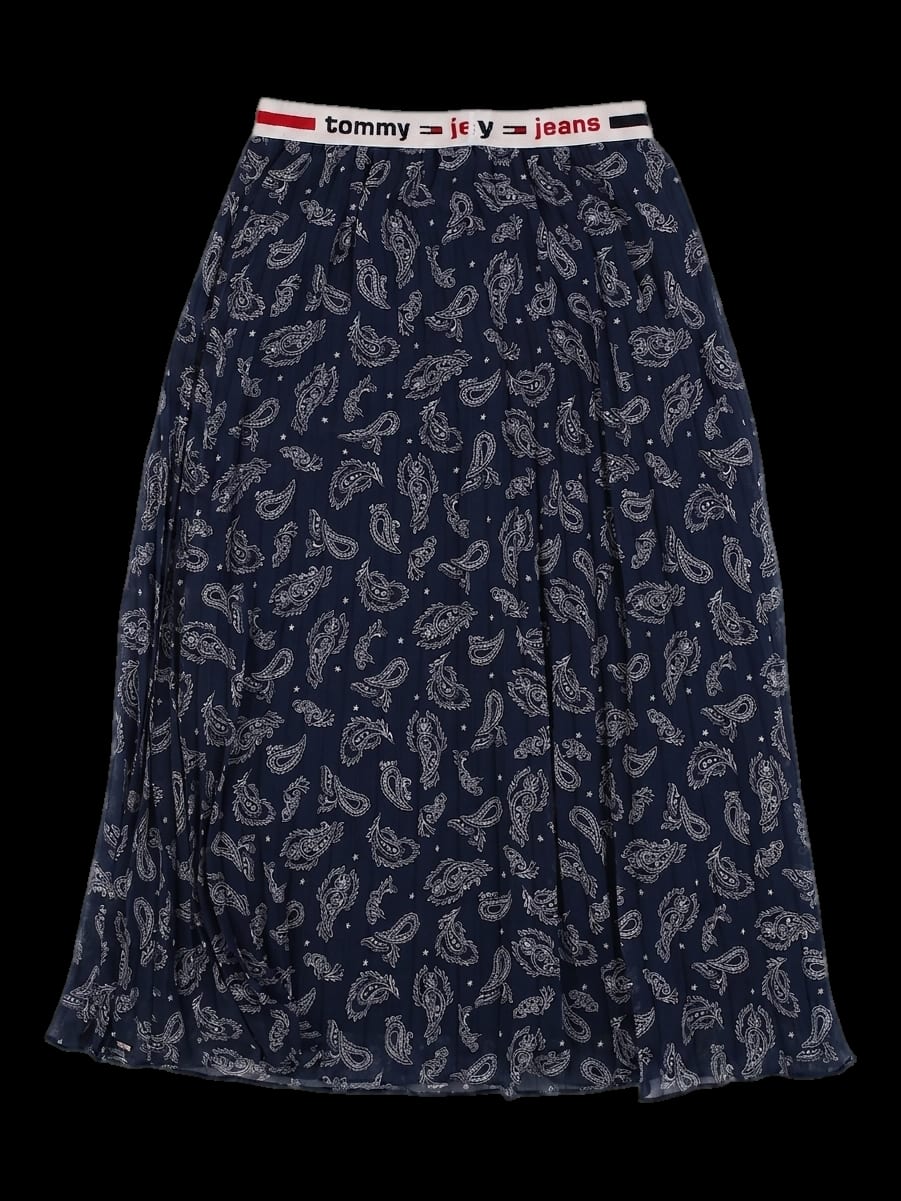 네이비 페이즐리 패턴 플리츠 롱 스커트
