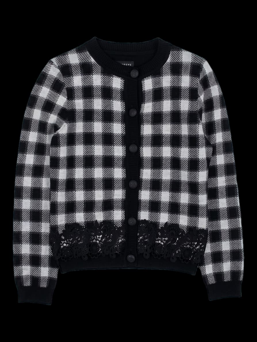 블랙 앤 화이트 체크 패턴 레이스 트리밍 가디건