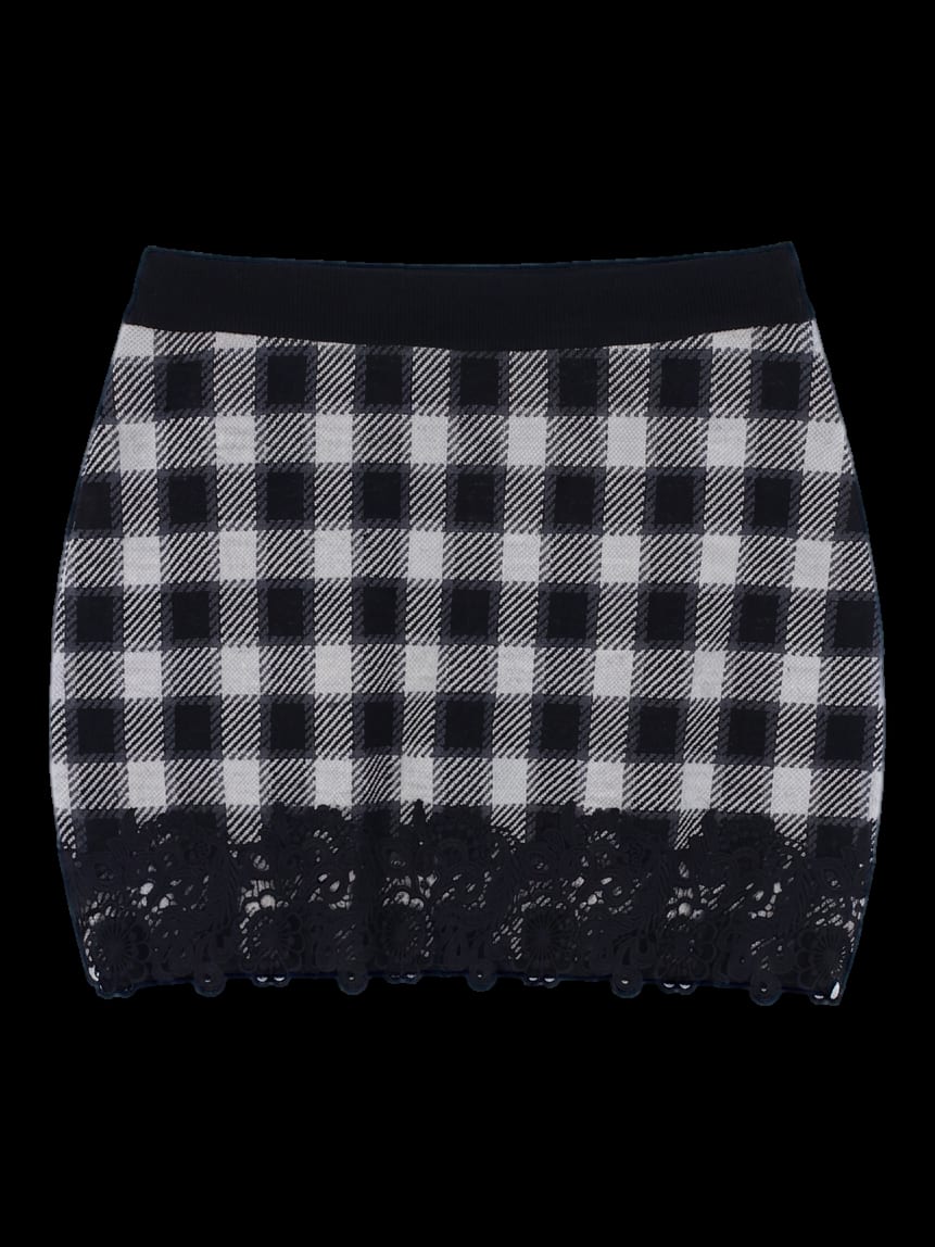 블랙 앤 화이트 체크 니트 헴라인 레이스 미니 스커트