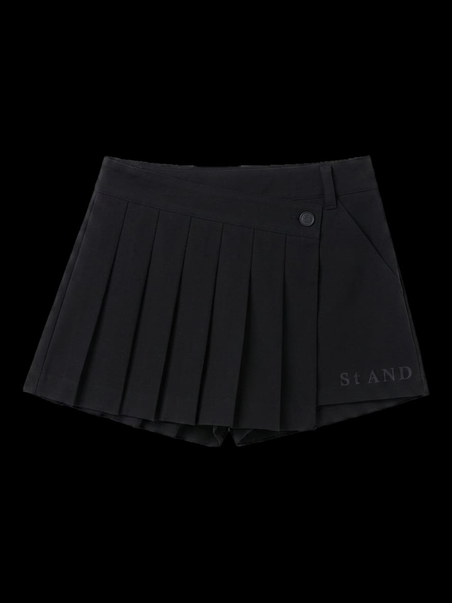 블랙 플리츠 랩 스커트 팬츠