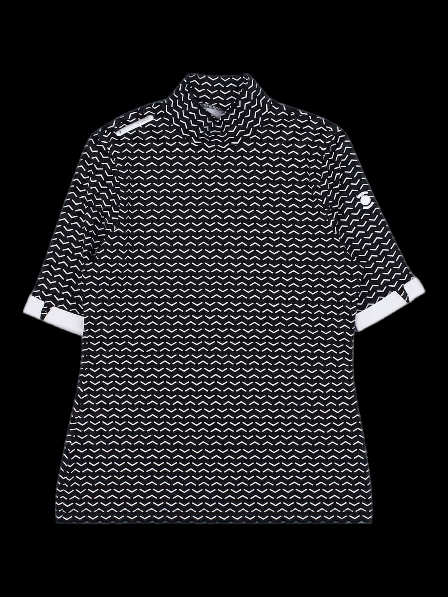 와이드앵글 여성 기하학 패턴 하이넥 반팔 티셔츠