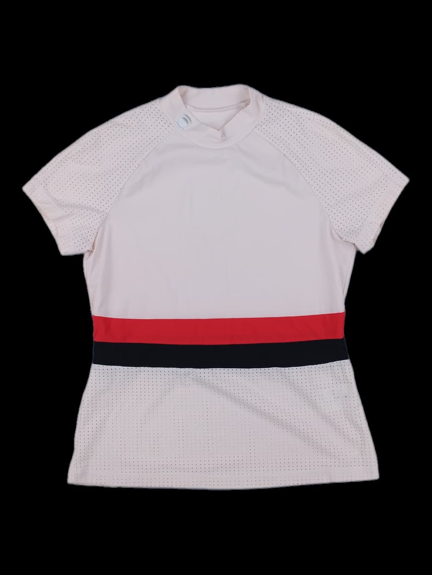 와이드앵글 여성 배색 메쉬 숏슬리브 모크넥 티셔츠