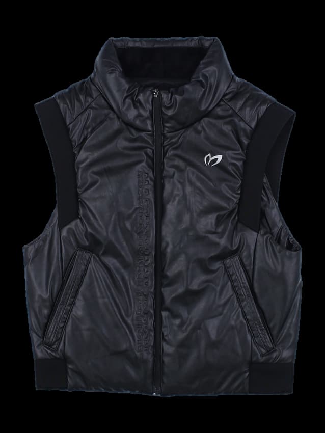 블랙 유광 레더 배색 다운 베스트