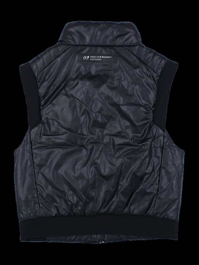 블랙 유광 레더 배색 다운 베스트