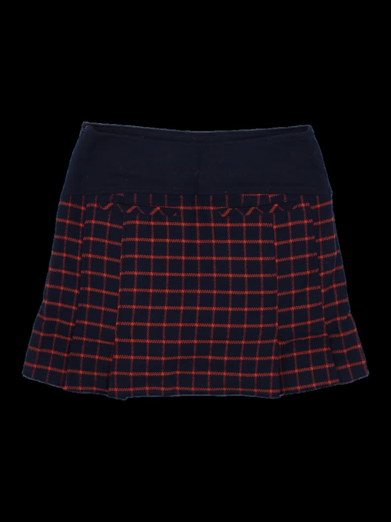 블랙 오렌지 체크 플리츠 미니 스커트