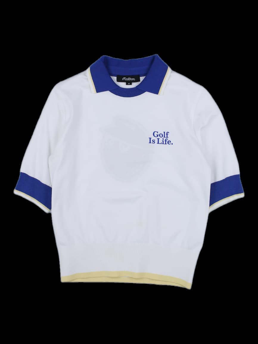 화이트 배색 카라 반팔 니트