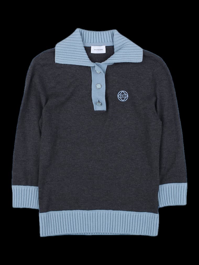 다크 그레이/블루 배색 롱슬리브 니트 카라티