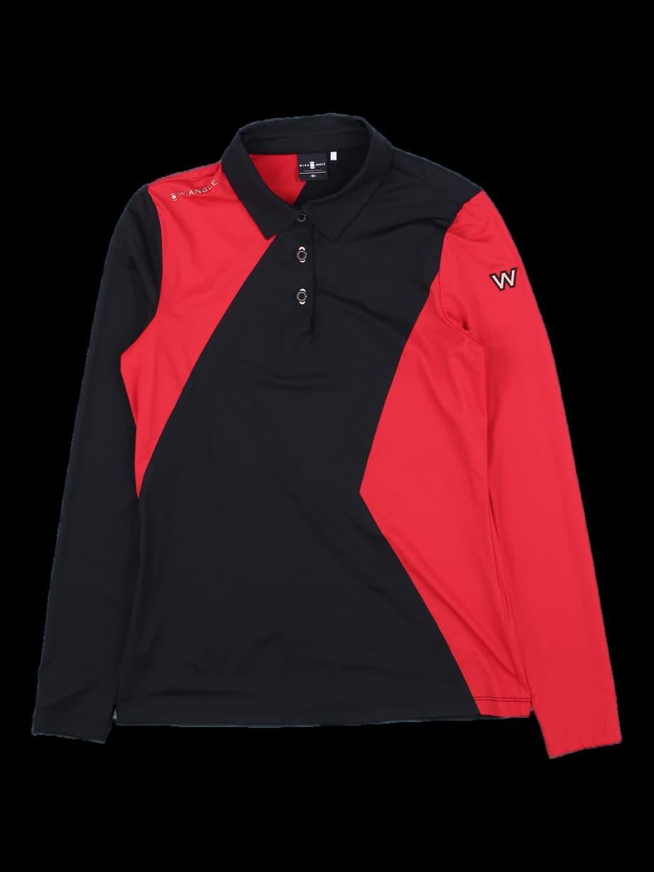 블랙/레드 배색 긴팔 카라티