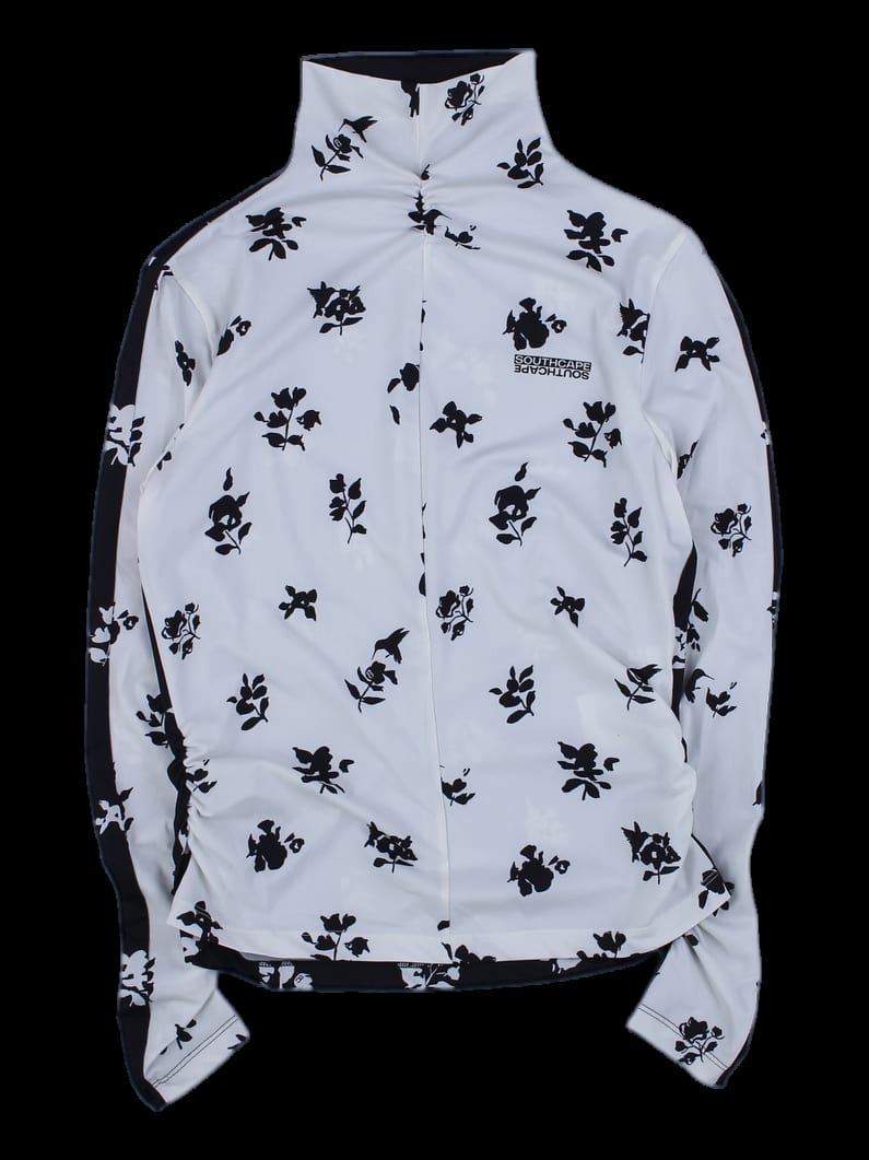 화이트 플로럴 패턴 하이넥 긴팔 티셔츠