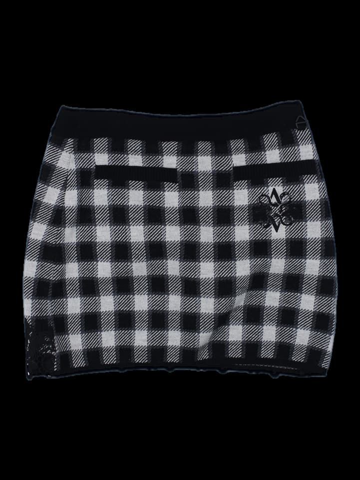 블랙 앤 화이트 깅엄 체크 레이스 트림 미니 스커트
