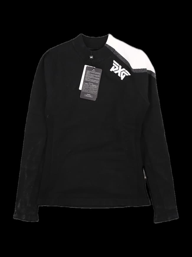 블랙/화이트 블록 하이넥 골프 니트