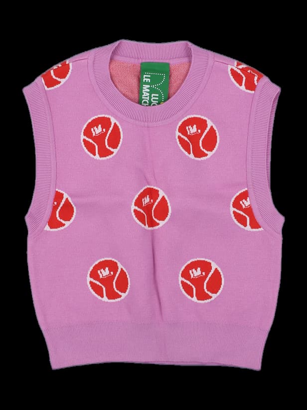 핑크 럭키매치 그래픽 니트 베스트