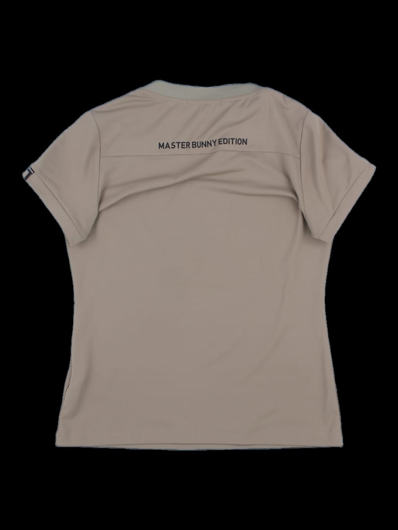 베이지 비대칭 넥 반팔 티셔츠