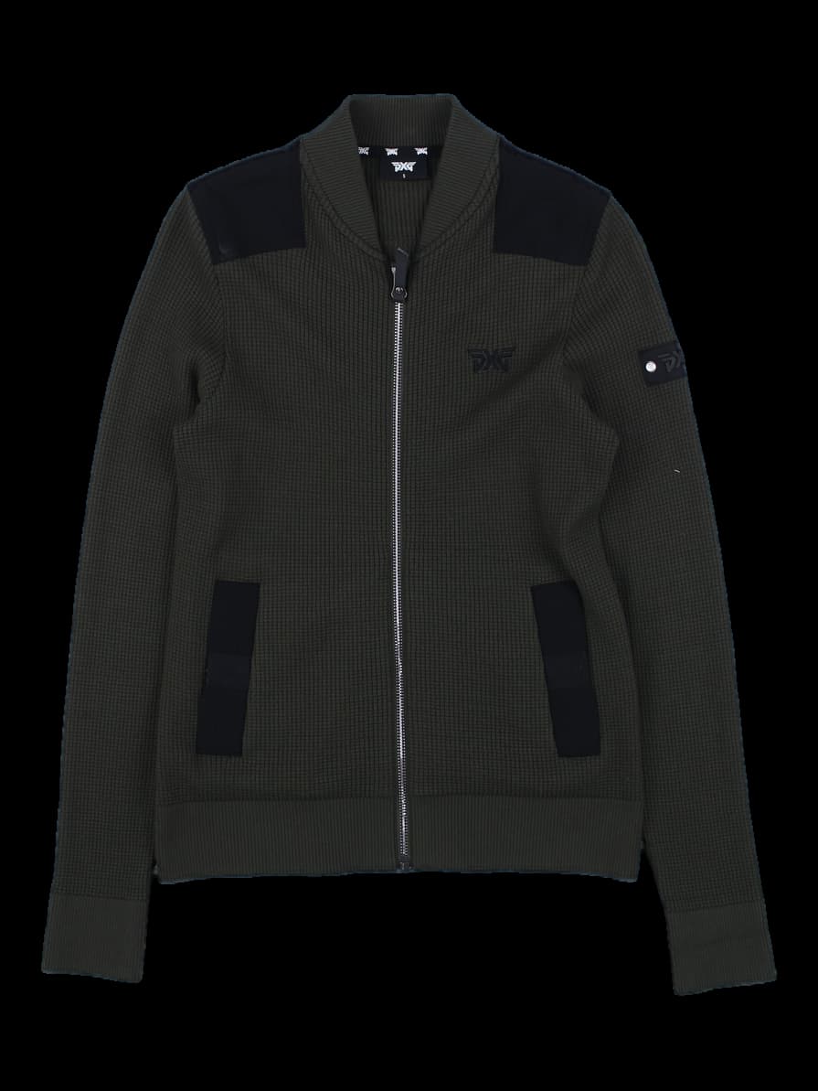 PXG 카키 와플 니트 지퍼 가디건