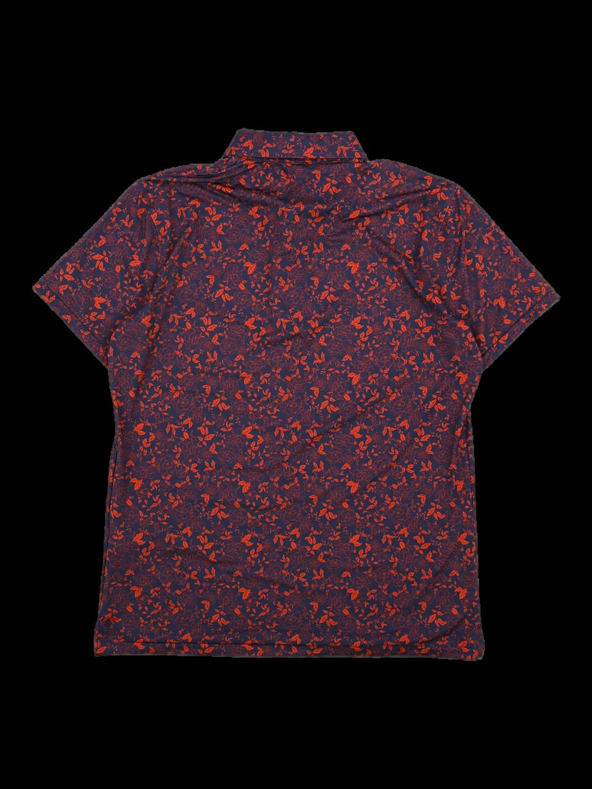 네이비 오렌지 플로럴 패턴 반팔 카라티