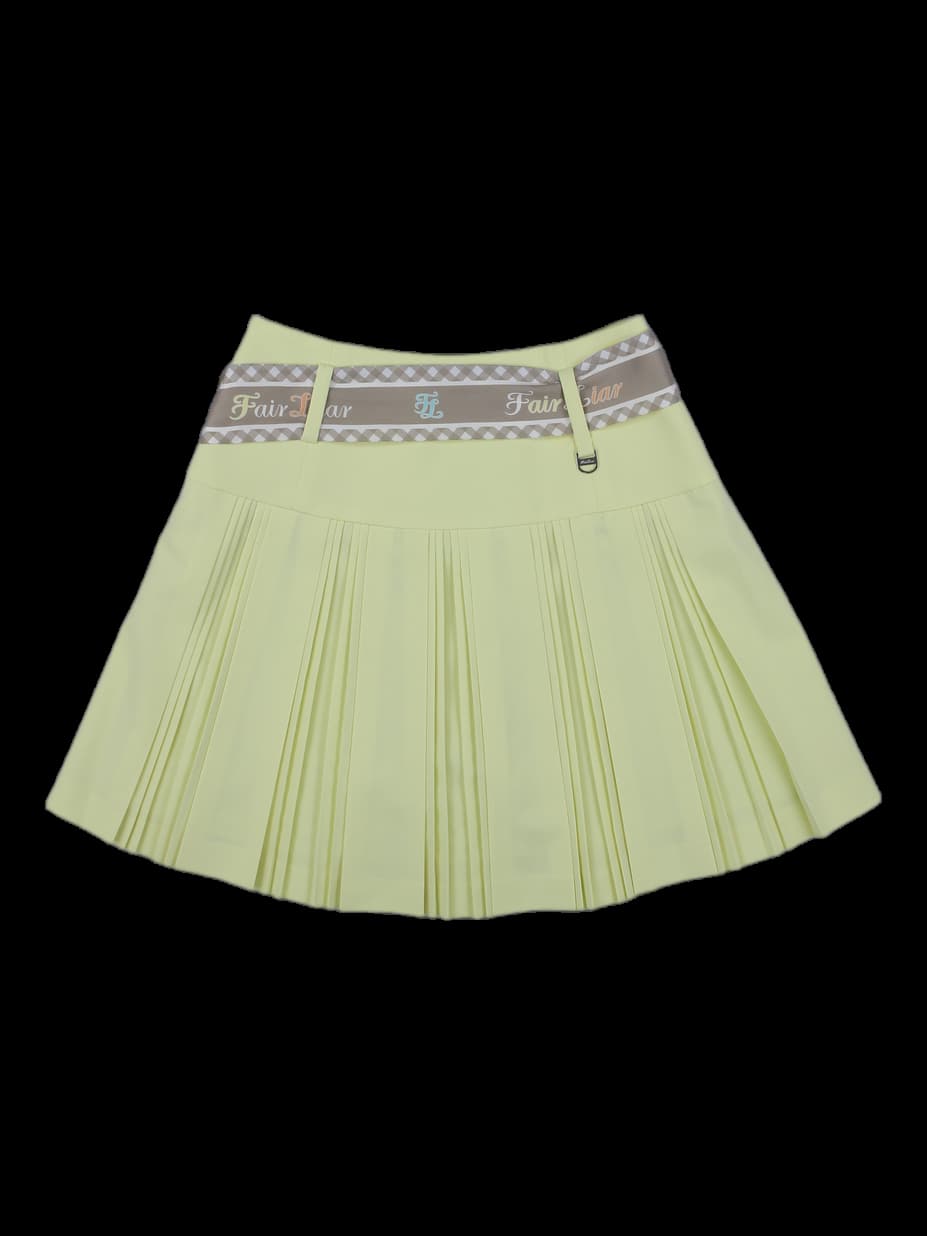 옐로우 체크 벨트 플리츠 스커트