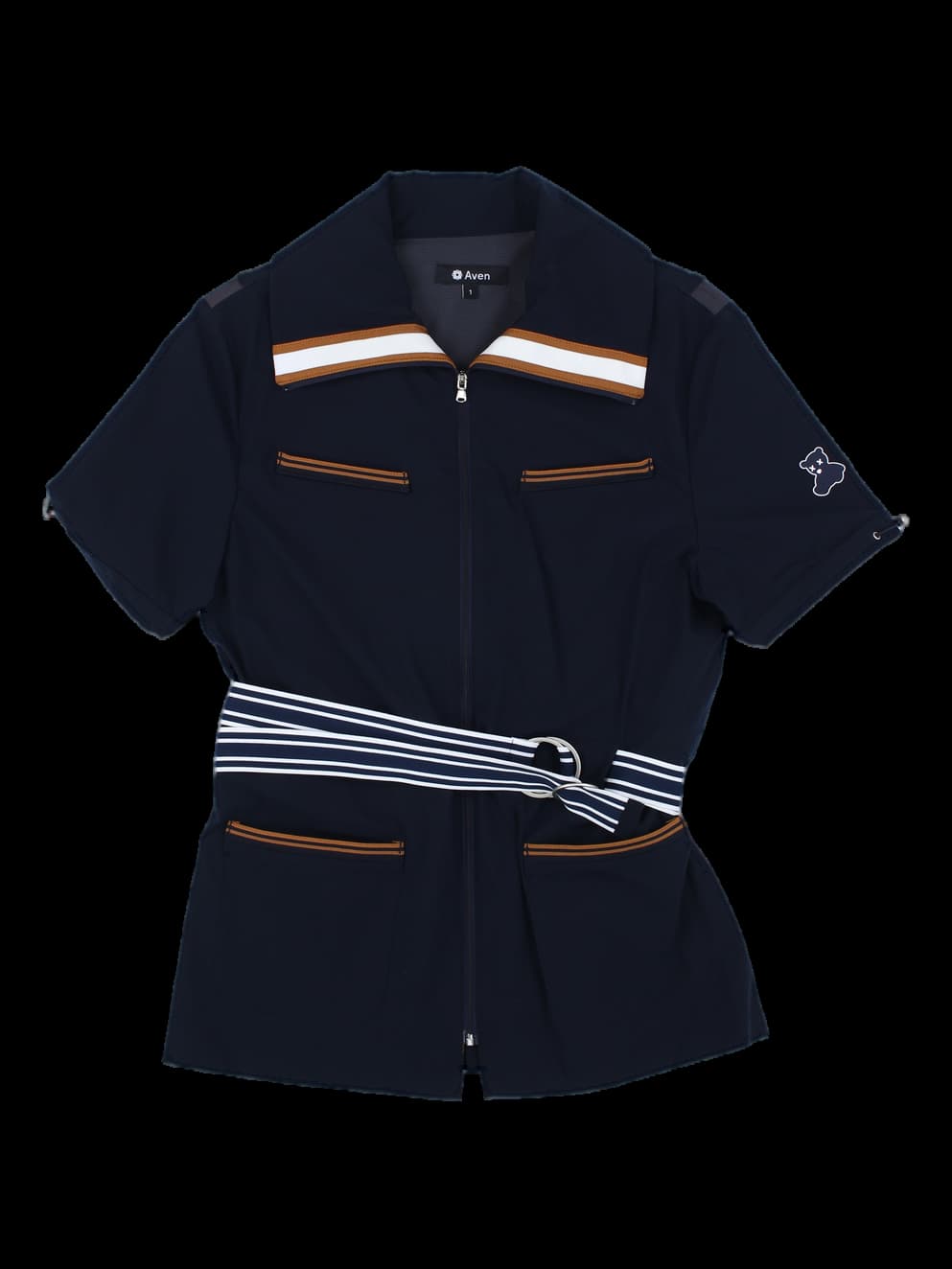 네이비 반팔 벨티드 집업 자켓